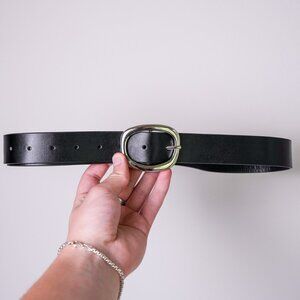 y2k oval buckle black leather belt — 2000s minimal style